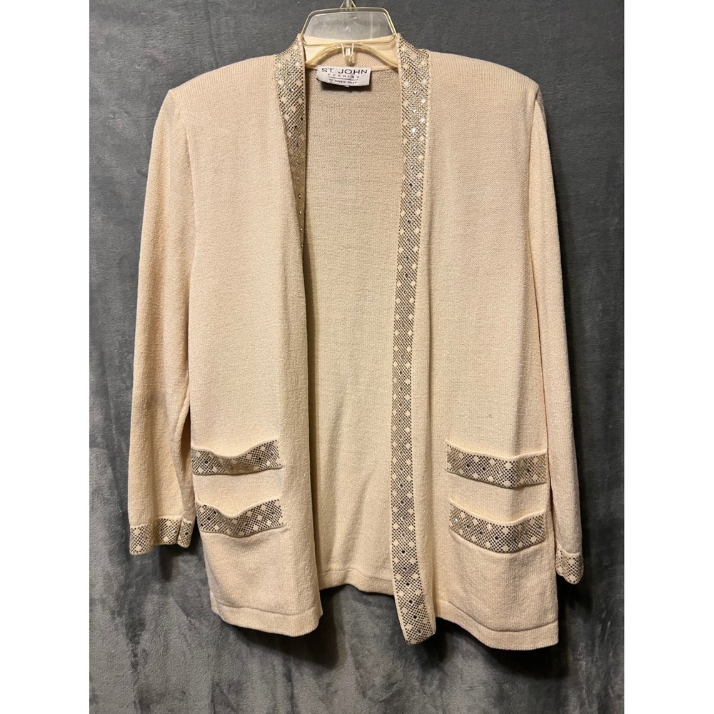St John Evening Marie Gray Cardigan 10 Cream Rhinestone Studded Santana Knit